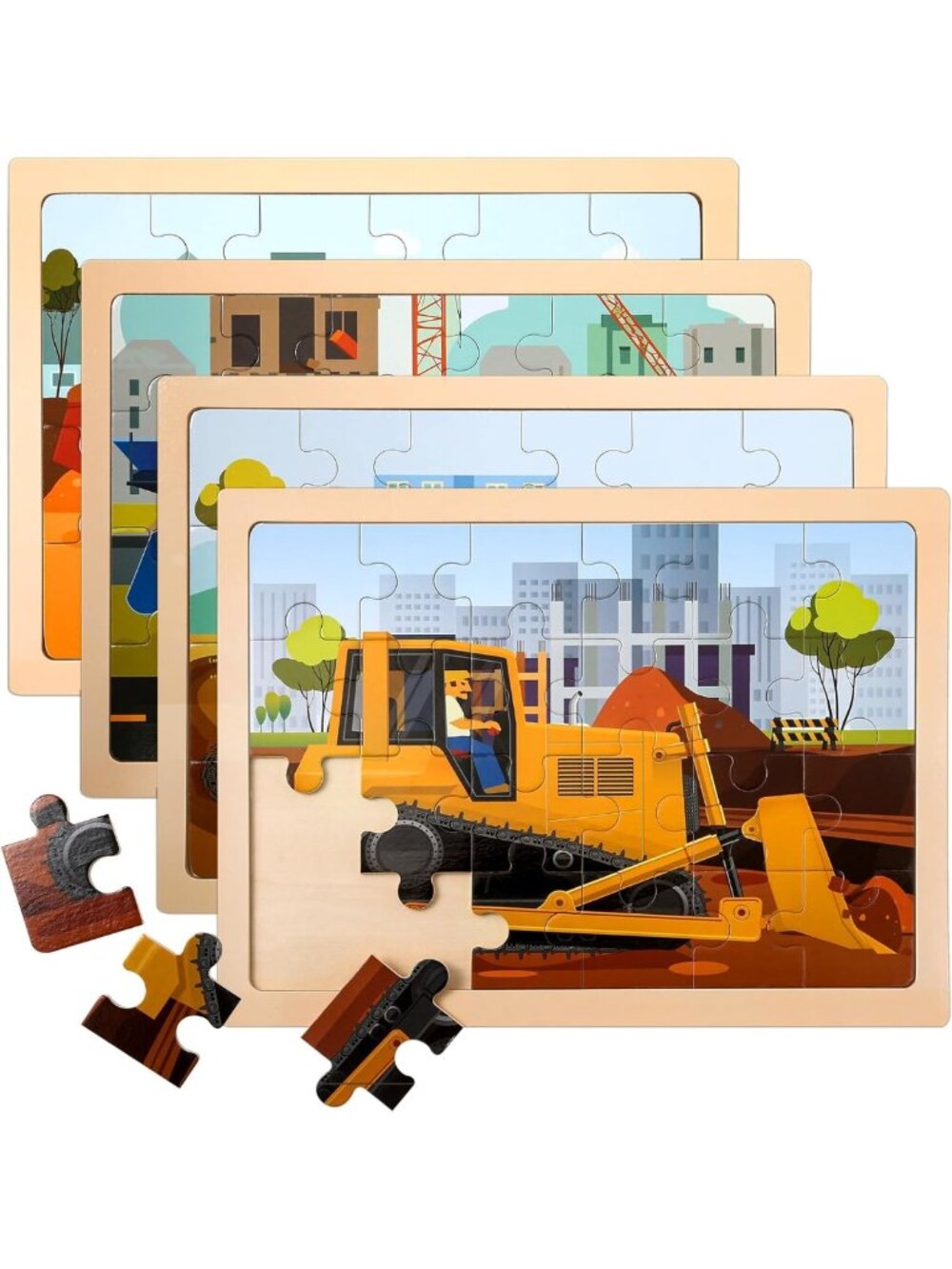 Montessori Wooden Vehicle Puzzles for Kids 3-5, 4 Pack Educational Jigsaw Toys